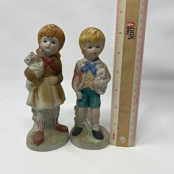 The Unbranded Brand Other - Vintage Bisque Boy and Girl Figurine Set Holding Dogs 7 inch Figurines